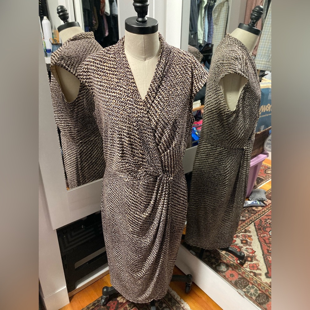 Chaps - Brown and Cream Faux Wrap Tweed Patterned Dress, Size Large